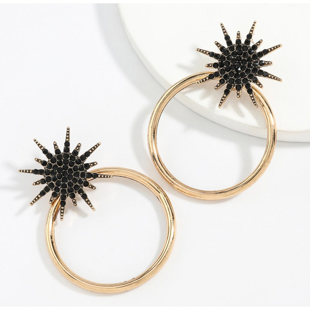 Goldtone Black Crystal Sunburst Open Circle Earrings