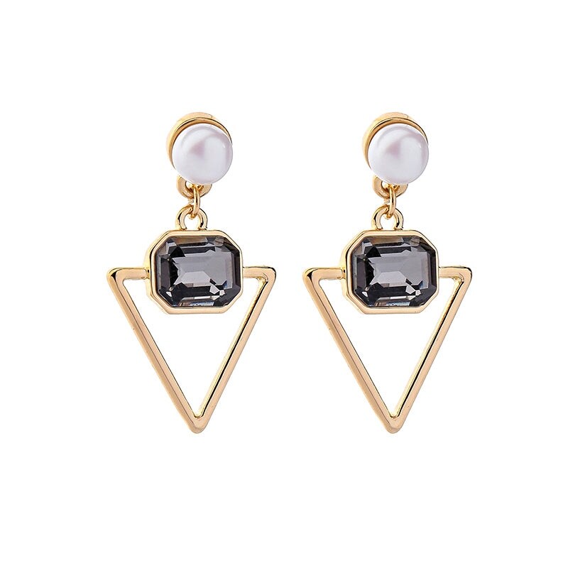 Goldtone Black Crystal Triangular Earrings