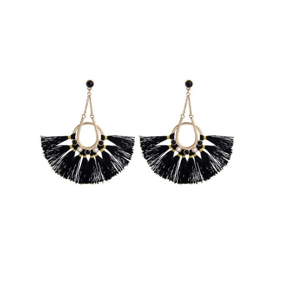 Goldtone Black Fanned Tassel Drop Earrings