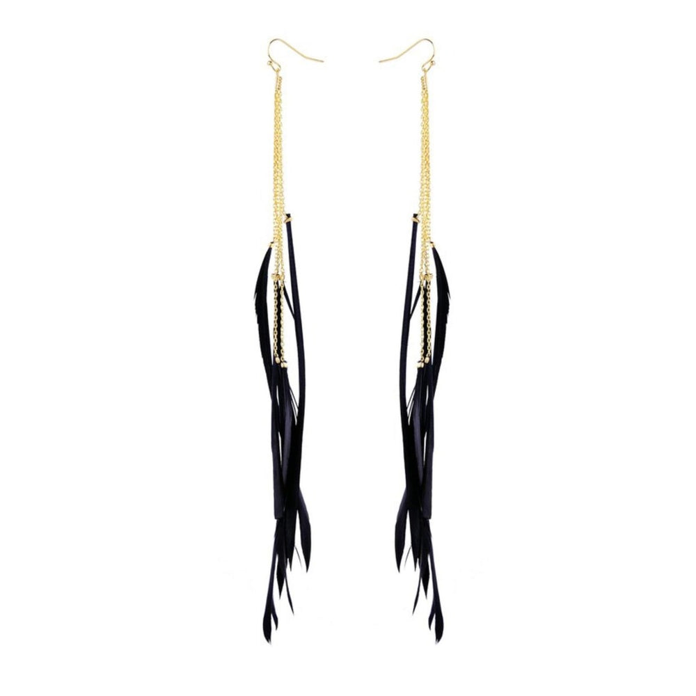 Goldtone Black Feather Chain Drop Earrings