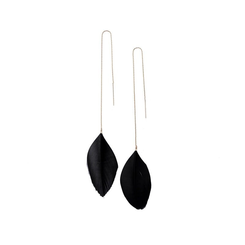 Goldtone Black Feather Chain Drop Earrings