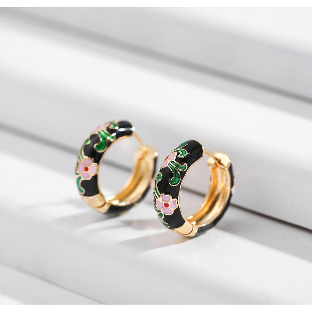 Goldtone Black Floral Huggie Hoop Earrings