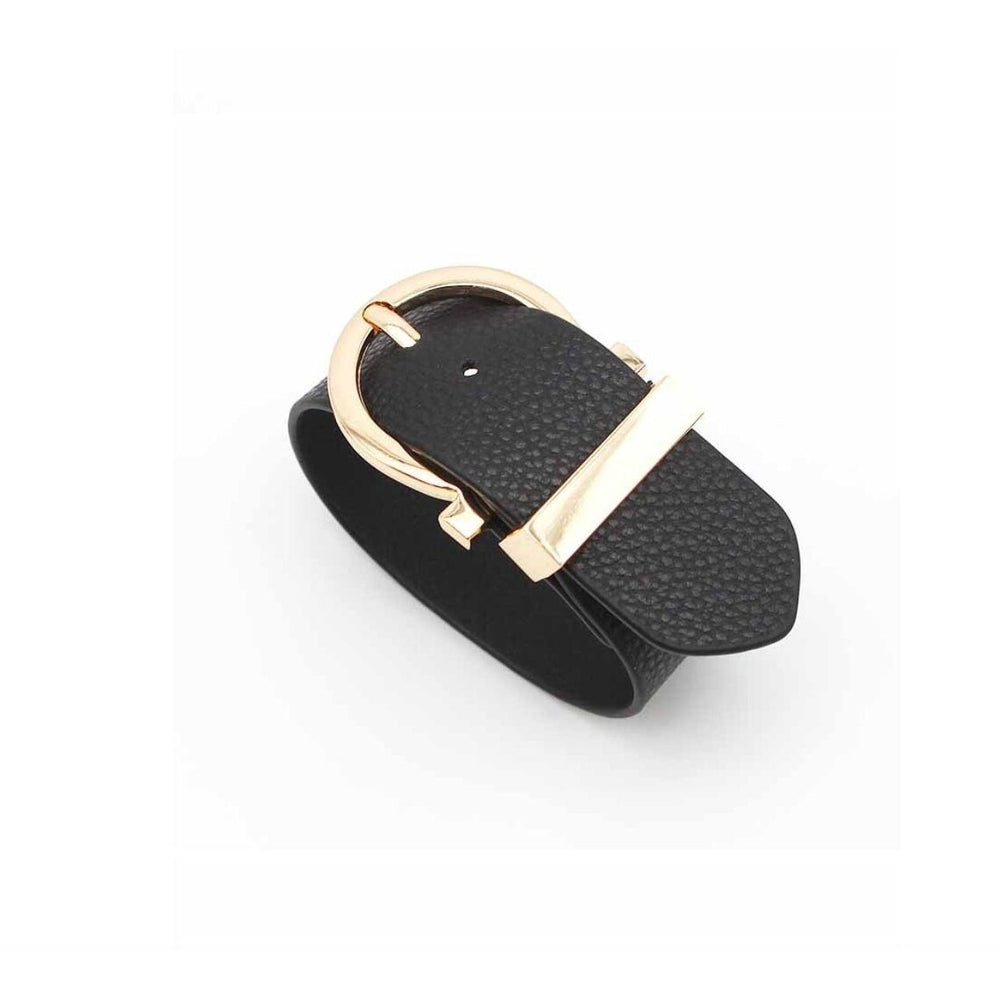 Goldtone Black Leather Belt Buckle Bracelet