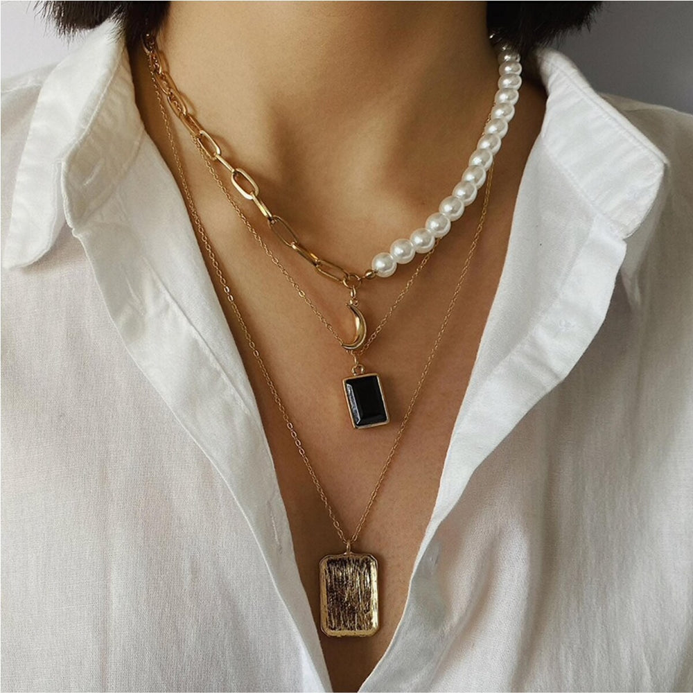 Goldtone Black Rectangular Layered Necklace - White