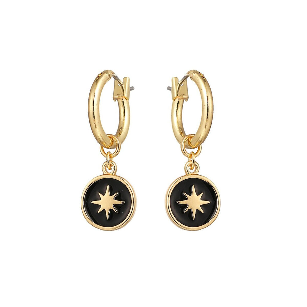 Goldtone Black Star Huggie Hoop Earrings