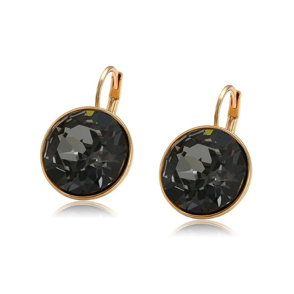 Goldtone Black Swarovski Crystal Circular Leverback Earrings