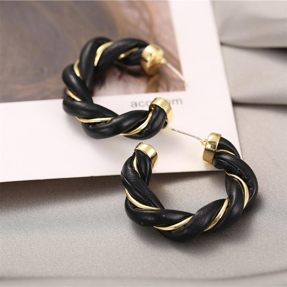 Goldtone Black Twisted Hoop Earrings