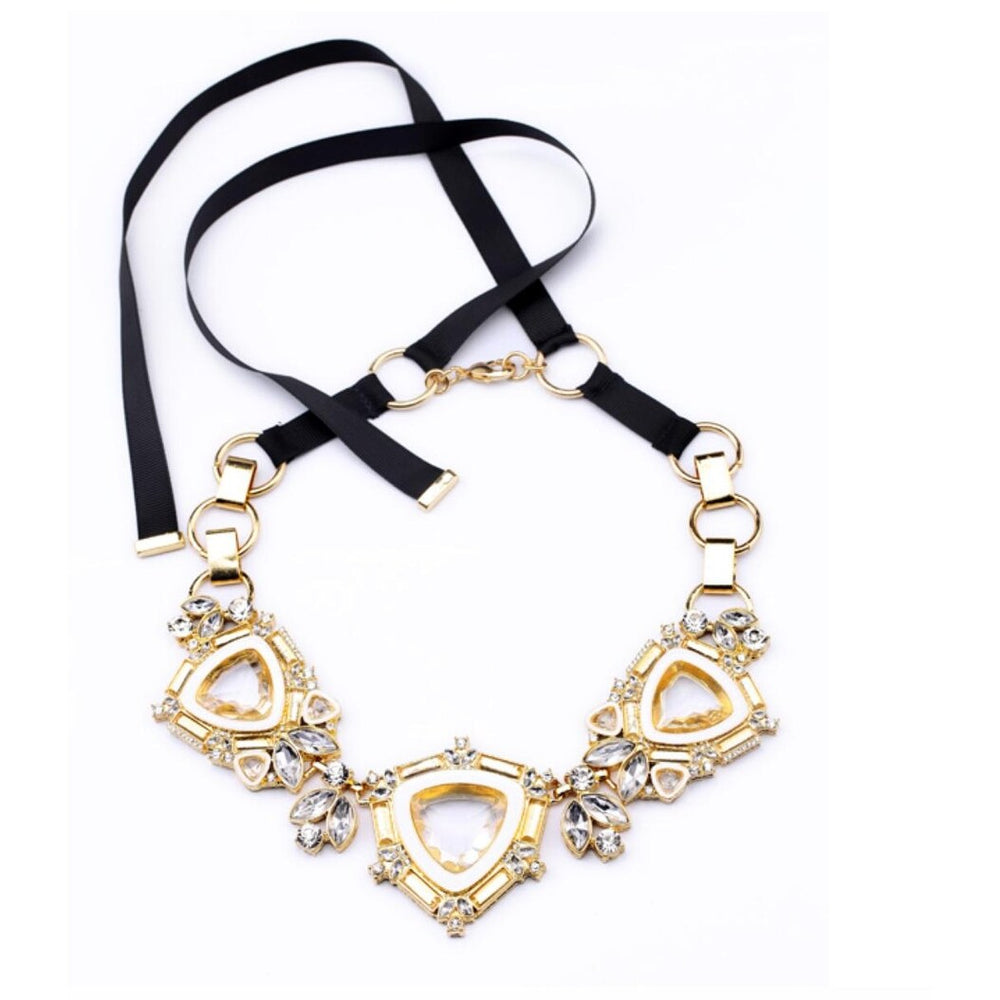 Goldtone Black Velvet Statement Necklace - White