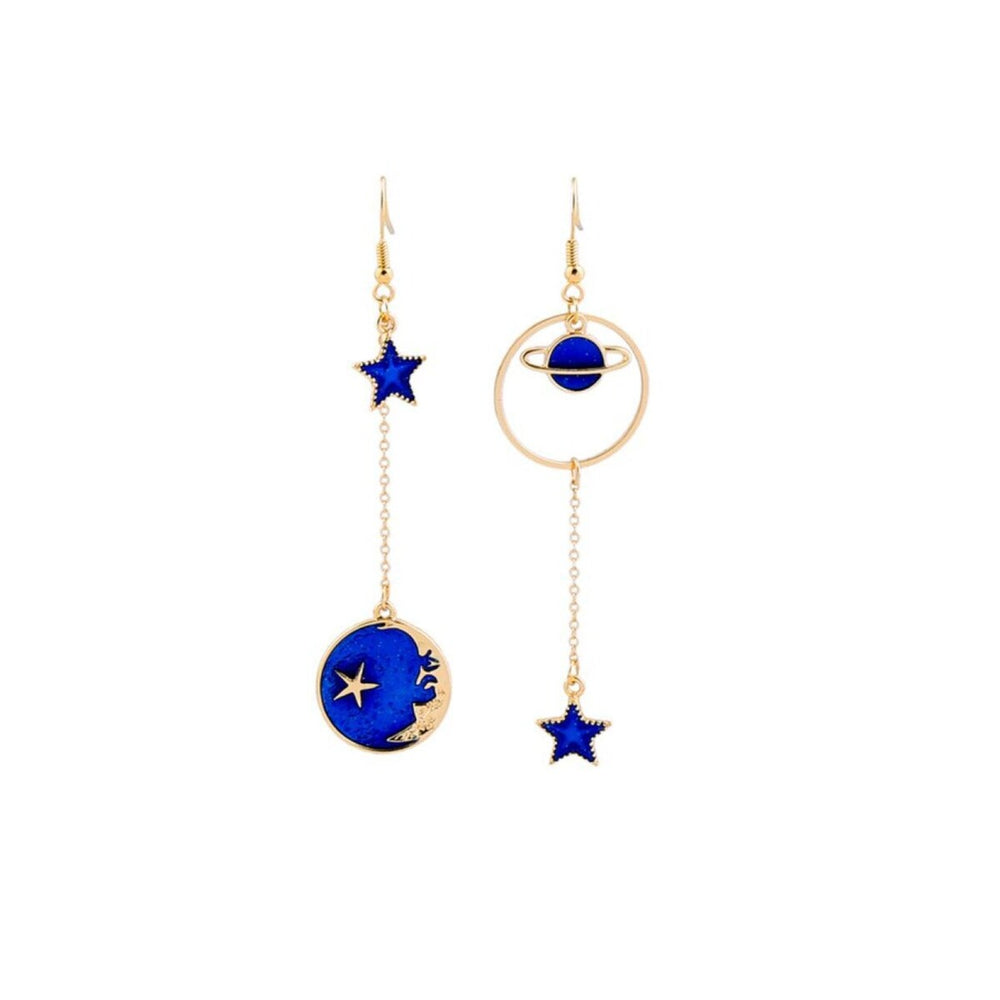 Goldtone Blue Asymmetrical Celestial Drop Earrings