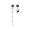 Goldtone Blue Asymmetrical Moon And Star Chain Drop Earrings