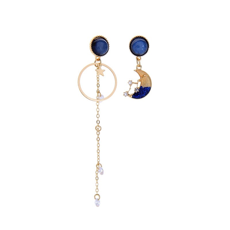 Goldtone Blue Asymmetrical Moon And Star Chain Drop Earrings