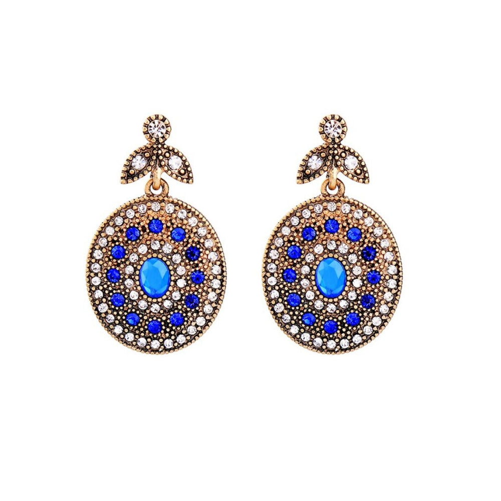 Goldtone Blue Beaded Oval Drop Earrings