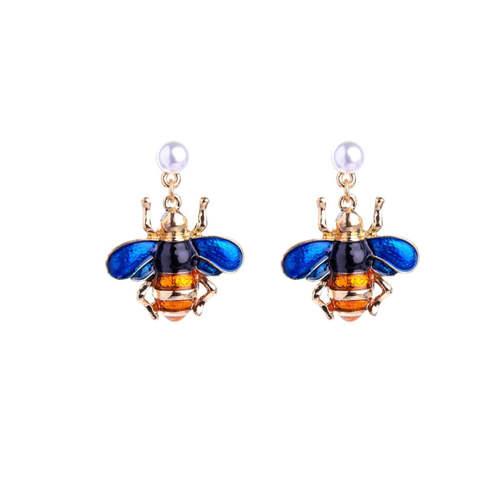 Goldtone Blue Bee Drop Earrings