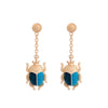 Goldtone Blue Black Beetle Chain Drop Earrings