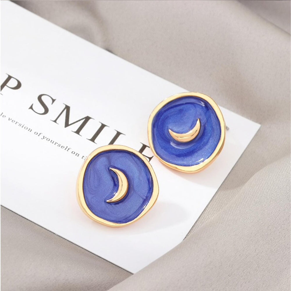 Goldtone Blue Circular Moon Stud Earrings