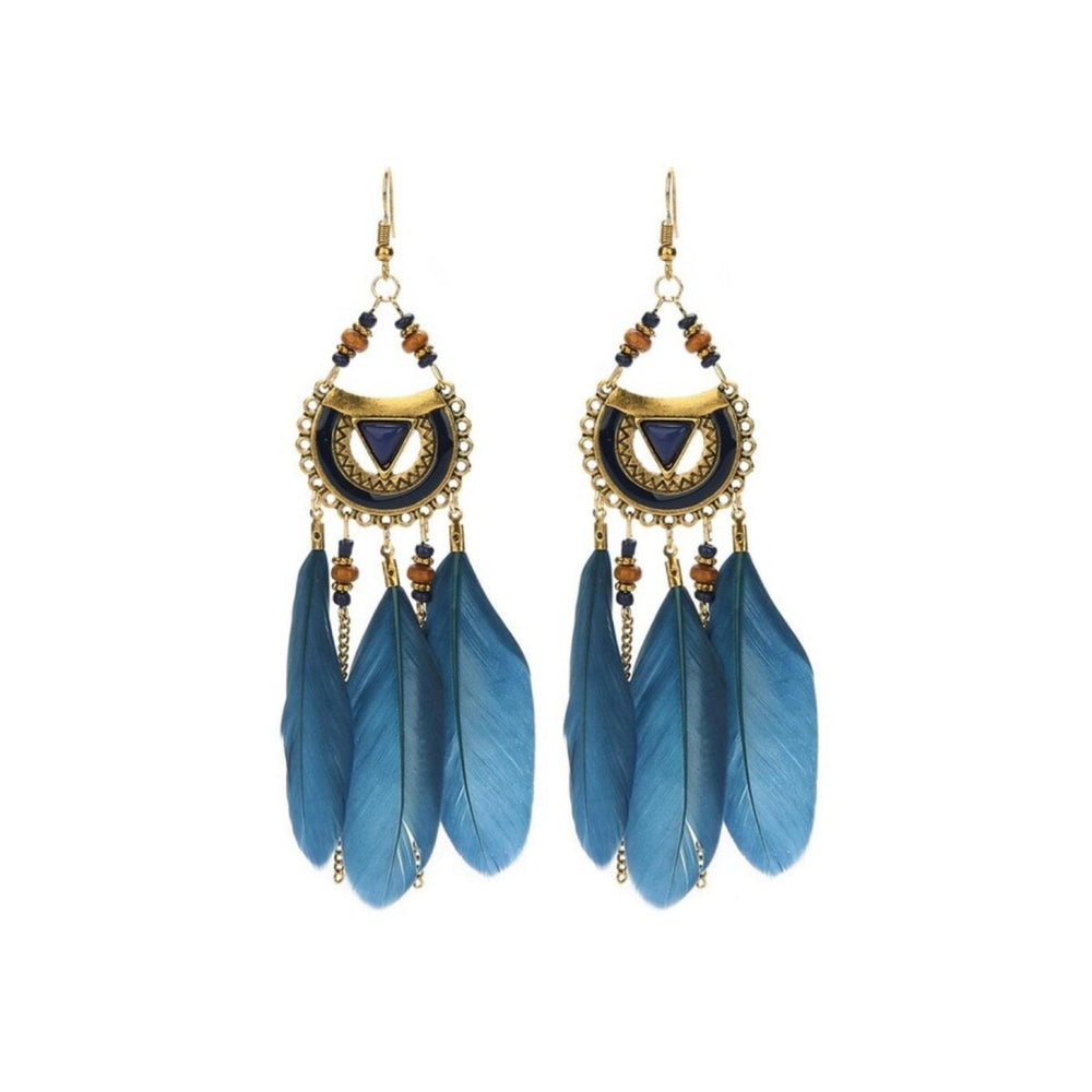 Goldtone Blue Feather Drop Boho Earrings