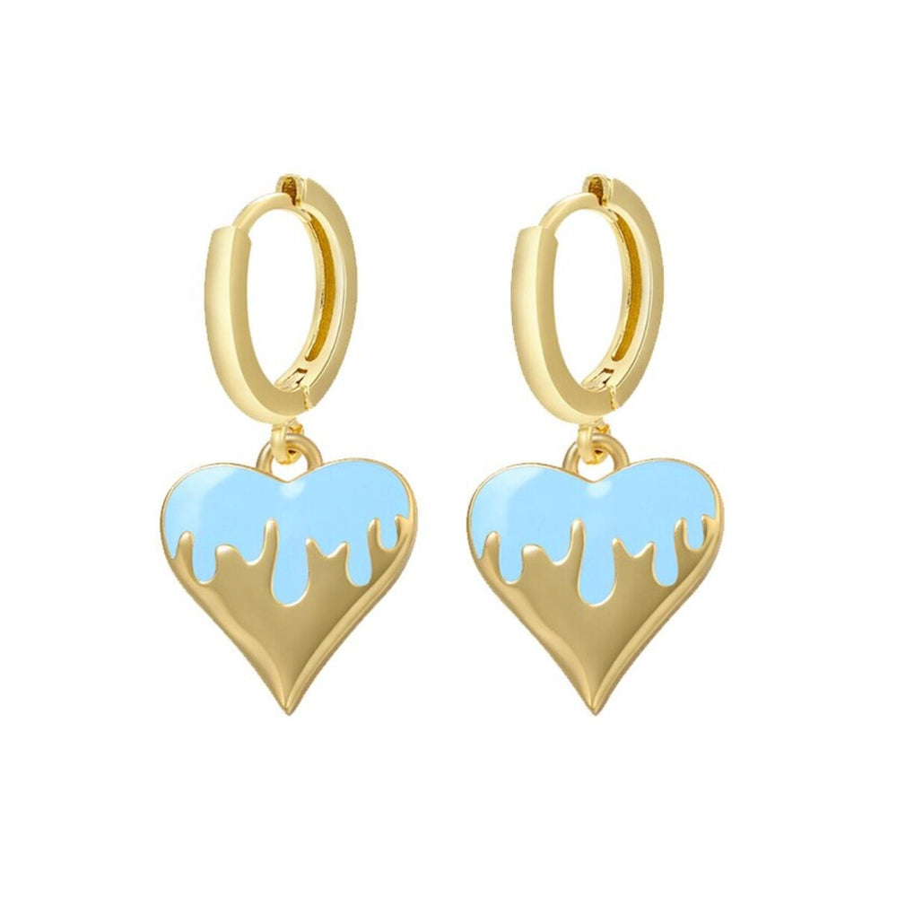 Goldtone Blue Huggie Dripping Heart Hoop Earrings