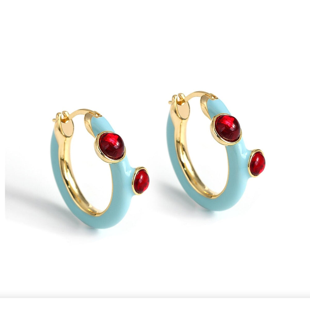 Goldtone Blue Huggie Hoop Earrings With Red Crystals