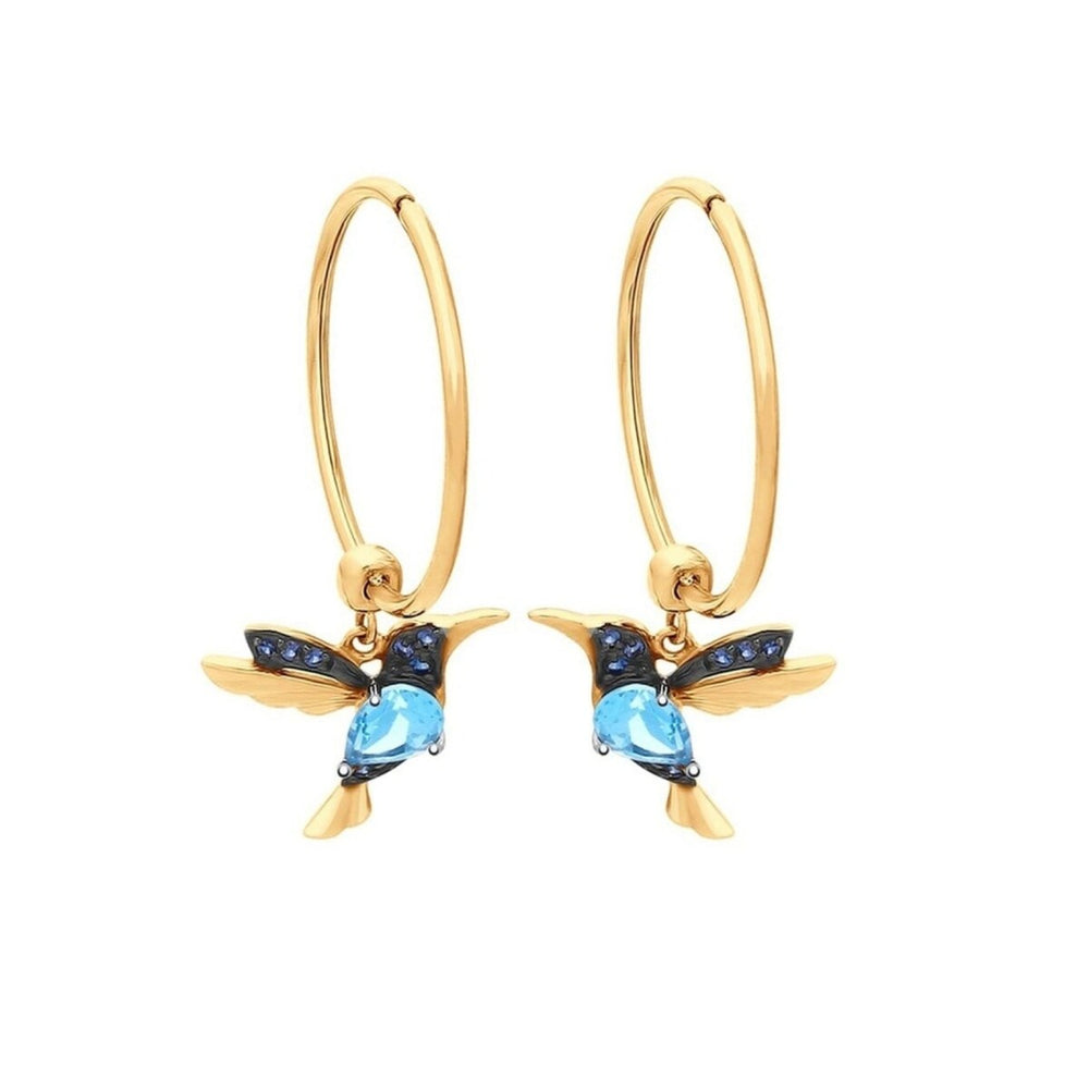 Goldtone Blue Hummingbird Hoop Earrings