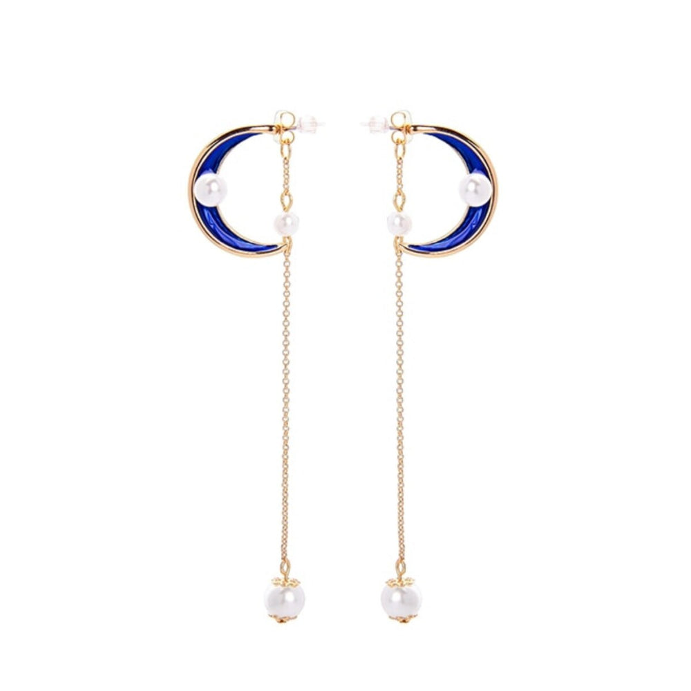 Goldtone Blue Moon Earrings With Imitation Pearl