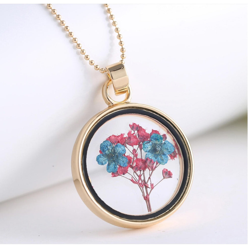 Goldtone Blue Pink Dried Flower Circular Pendant Necklace - White