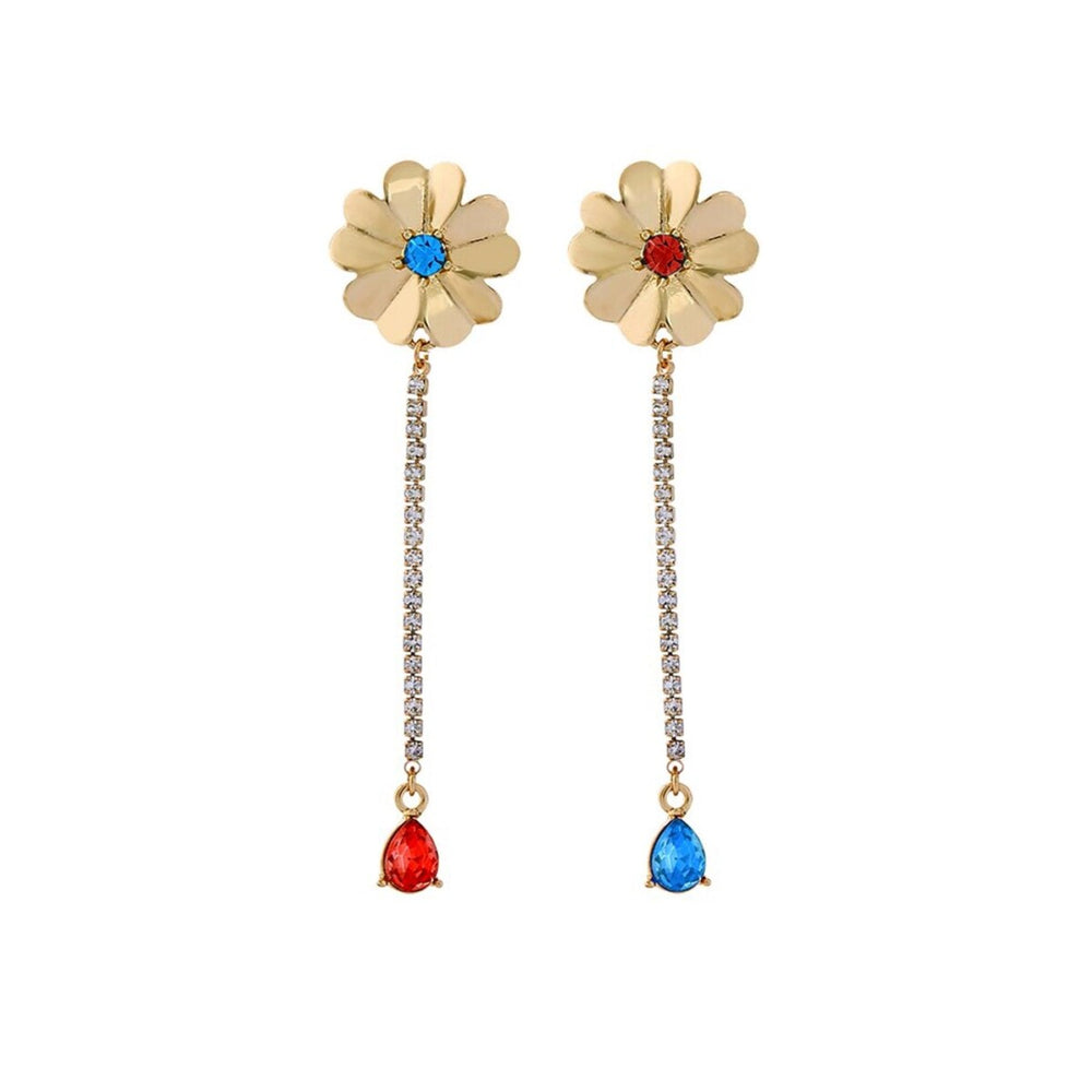 Goldtone Blue Red Crystal Floral Chain Drop Earrings