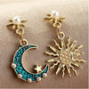 Goldtone Blue Sun And Moon Asymmetrical Drop Earrings