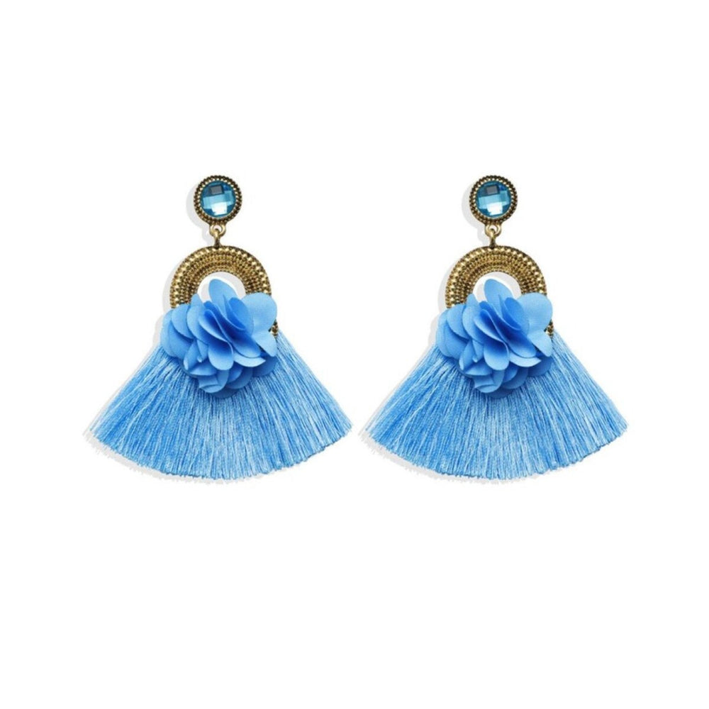 Goldtone Blue Tasseled And Floral Drop Earrings