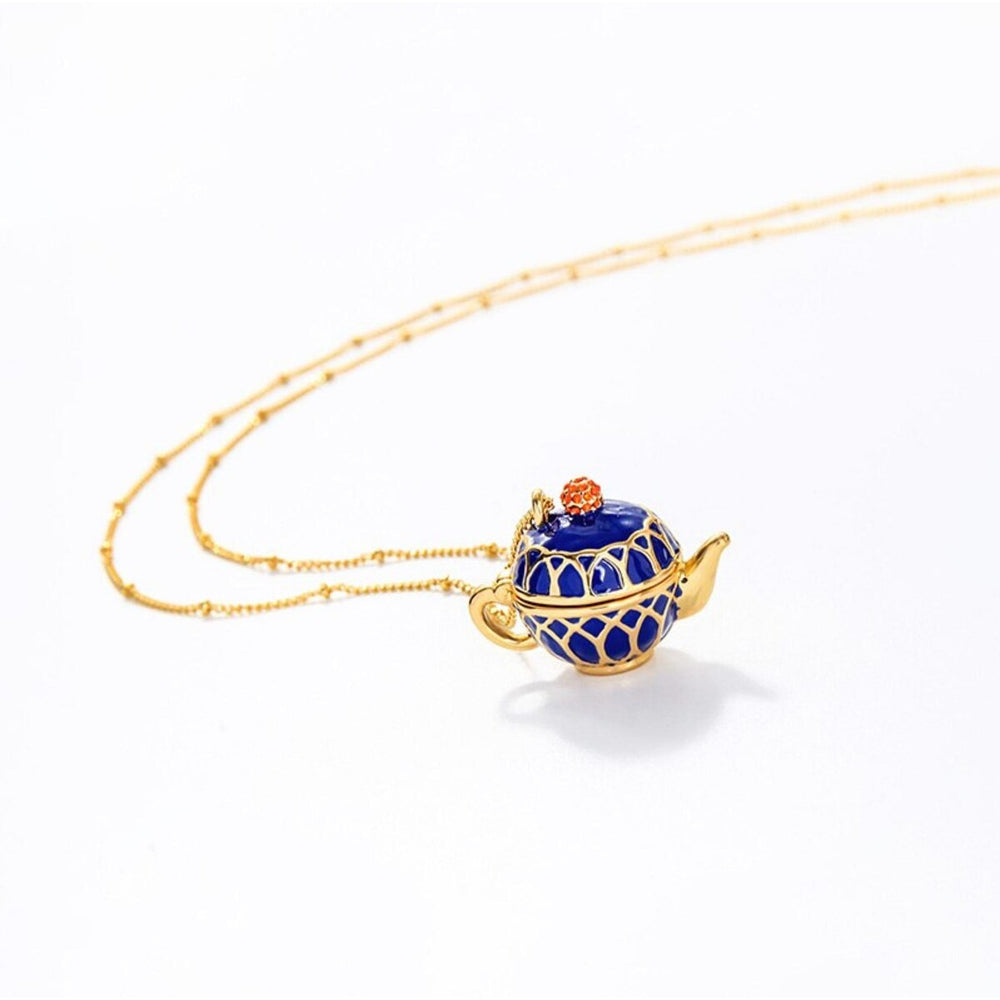 Goldtone Blue Teapot Pendant Necklace - White