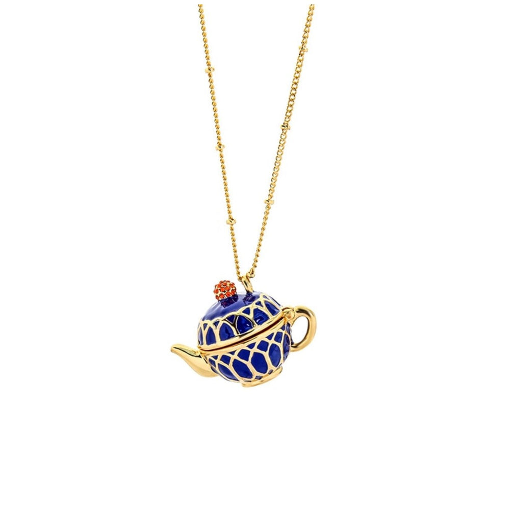 Goldtone Blue Teapot Pendant Necklace - White