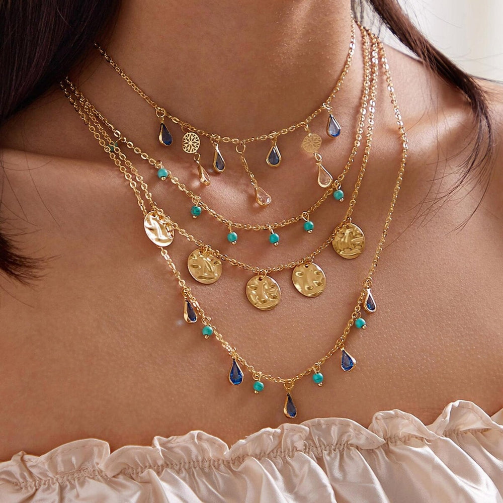 Goldtone Blue Teardrop Bead Layered Necklace - White