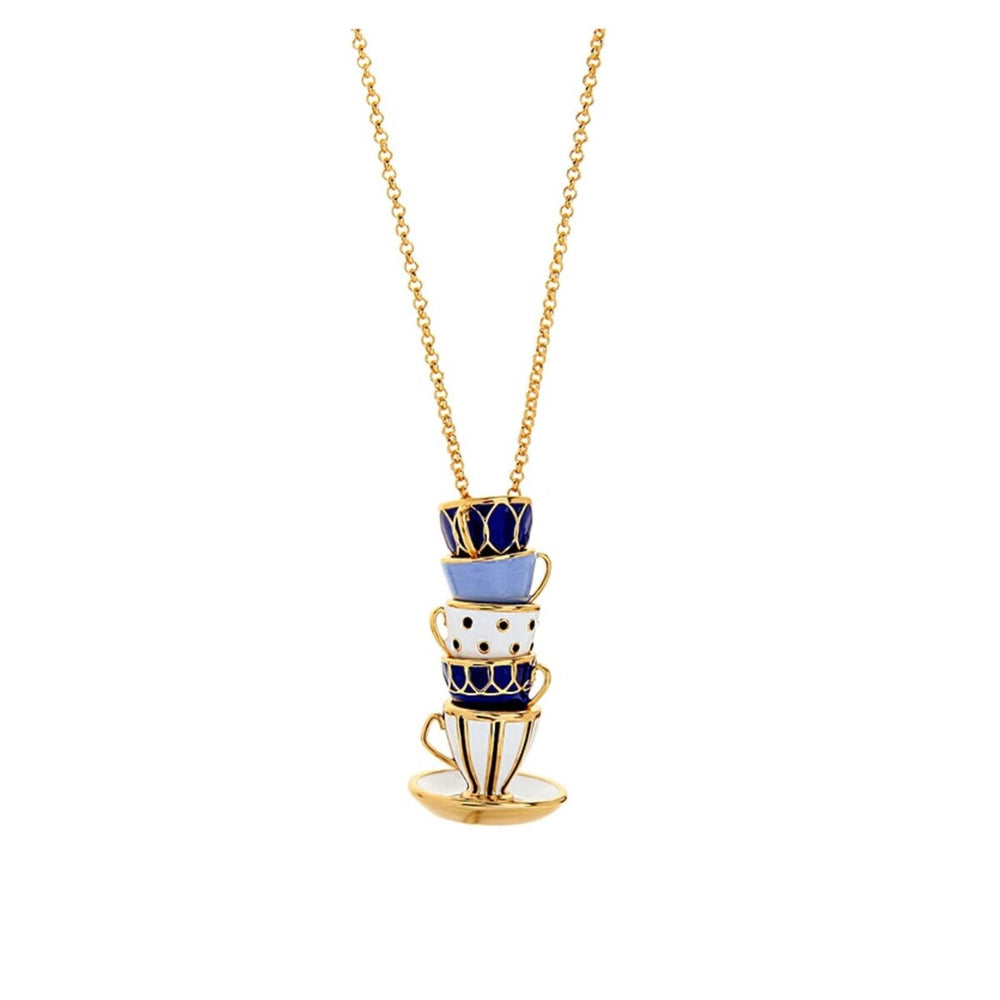 Goldtone Blue White Stacked Teacups Pendant Necklace