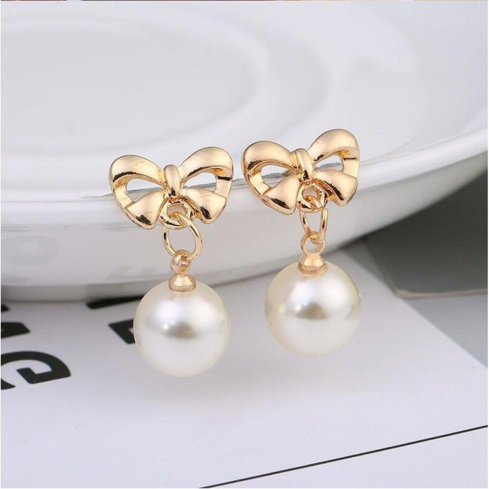 Goldtone Bow Imitation Pearl Drop Earrings