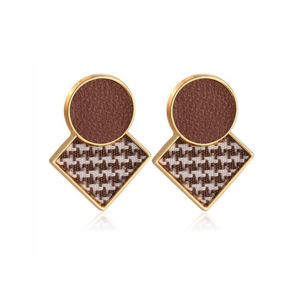 Goldtone Brown Diamond Shaped Houndstooth Stud Earrings