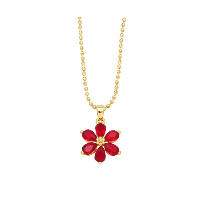 Goldtone Buttercup Flower Pendant Prong Set CZ in Red - White