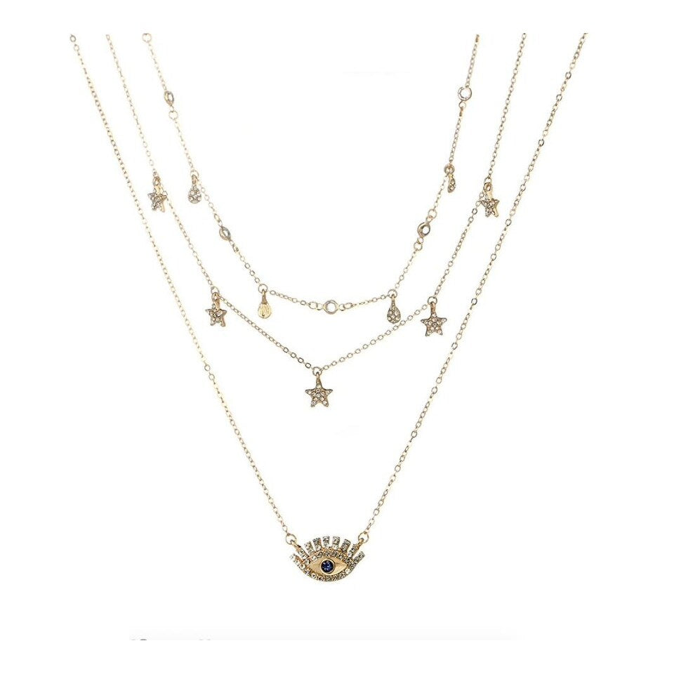 Goldtone Celestial Eye Layered Necklace - White