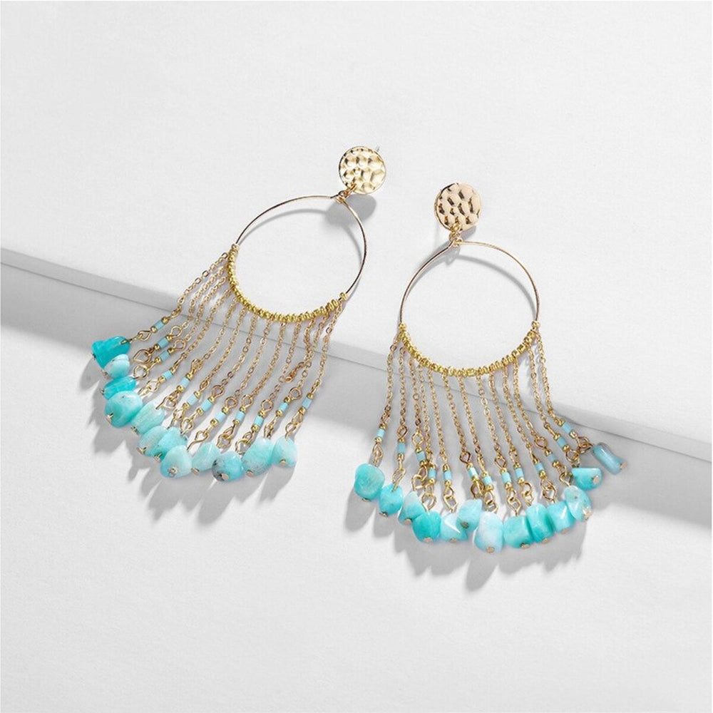 Goldtone Chain Link Blue Drop Chandelier Earrings