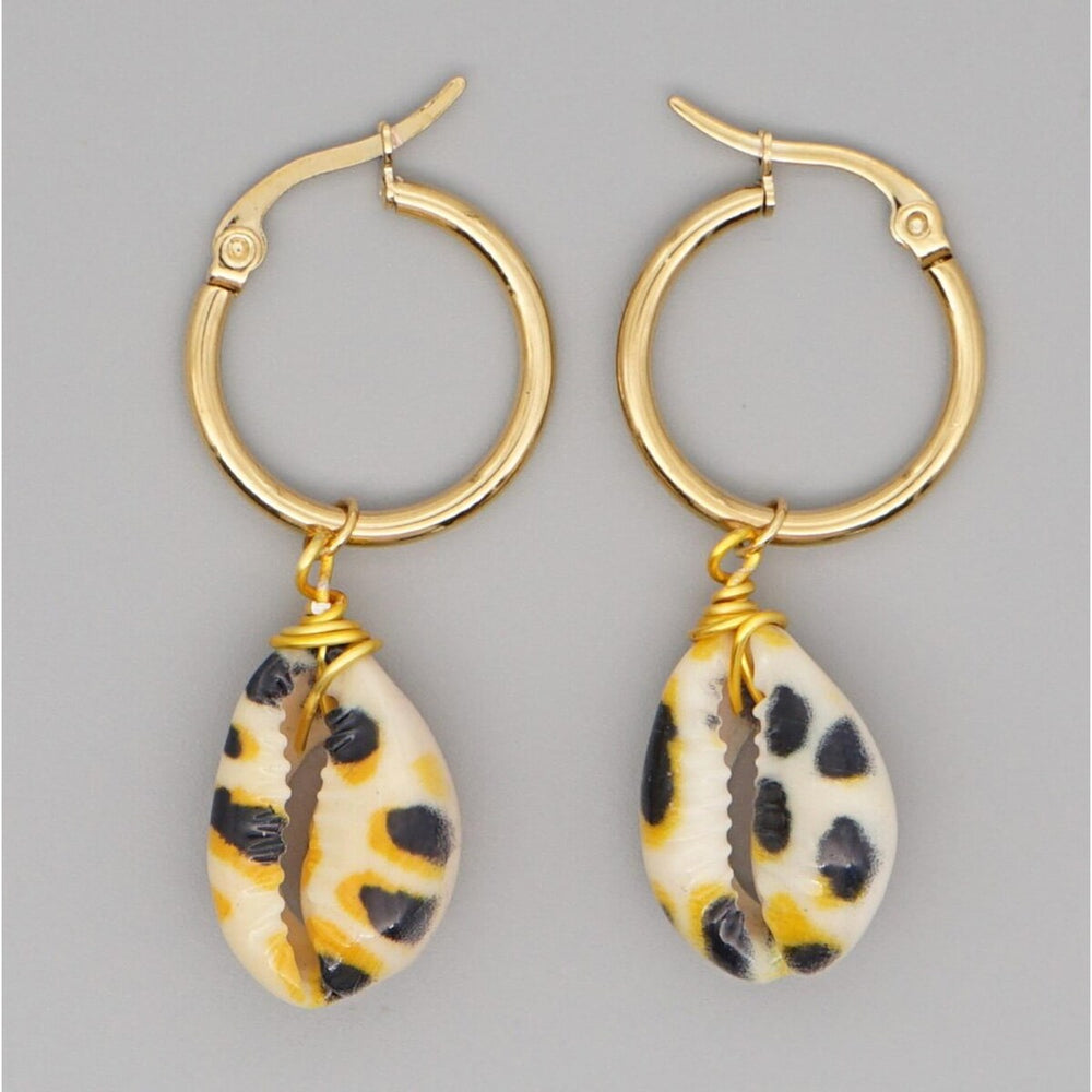 Goldtone Cheetah Print Shell Hoop Earrings