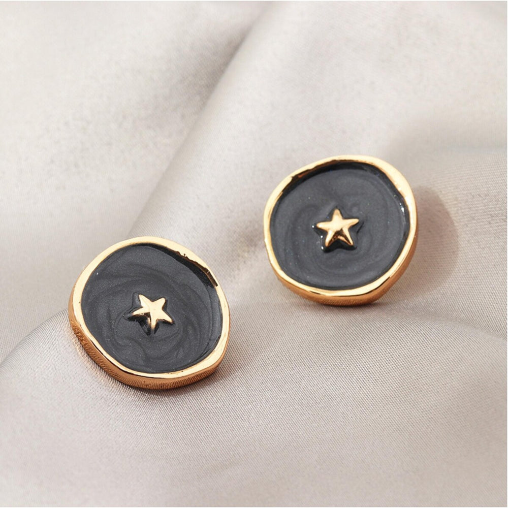 Goldtone Circular Black Star Stud Earrings