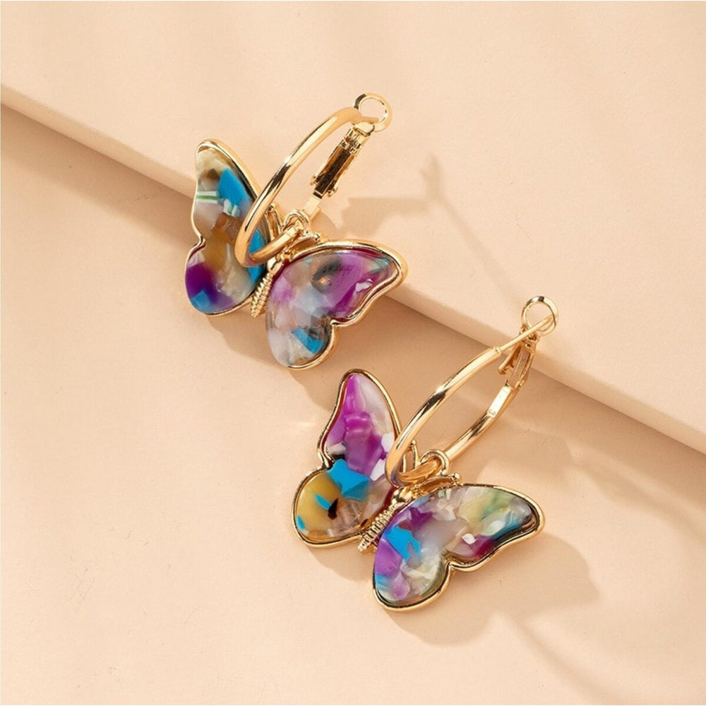 Goldtone Colored Crystal Hooped Butterfly Earrings