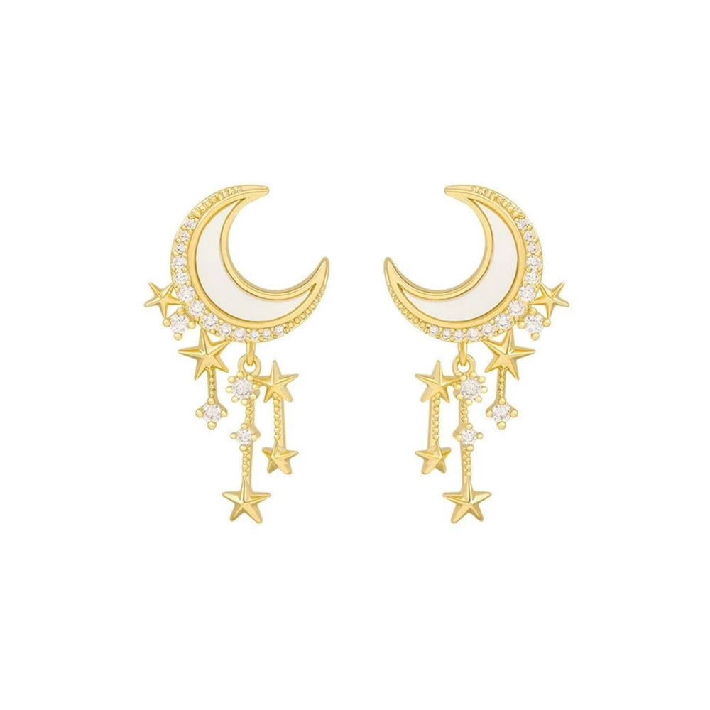 Goldtone Crescent Moon Dangling Stars Earrings