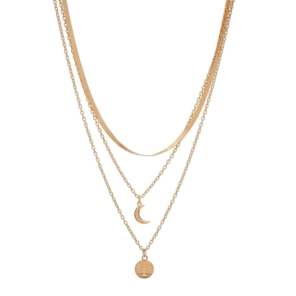 Goldtone Crescent Moon Tree Layered Necklace - White