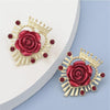 Goldtone Crown Red Rose Earrings