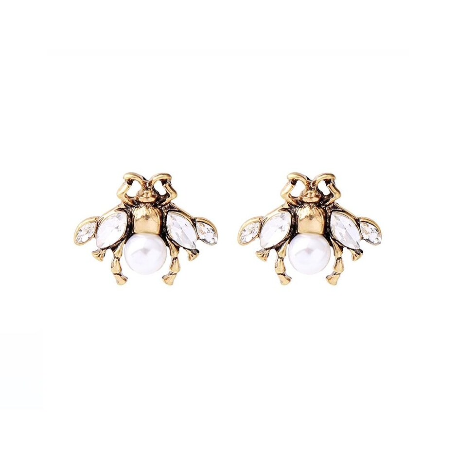 Goldtone Crystal Bee Imitation Pearl Bee Stud Earrings