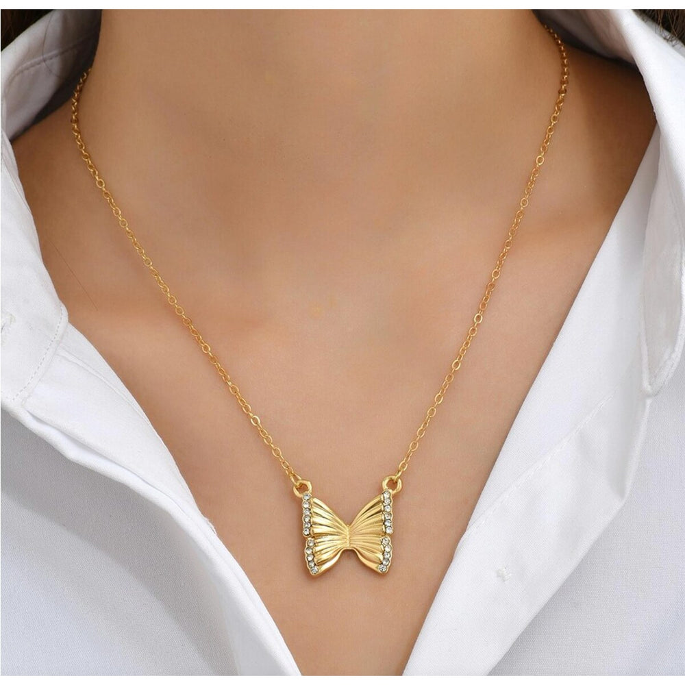 Goldtone Crystal Butterfly Pendant Necklace - White