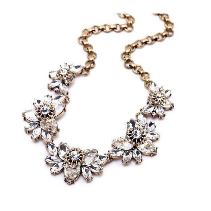 Goldtone Crystal Flower Statement Necklace - White