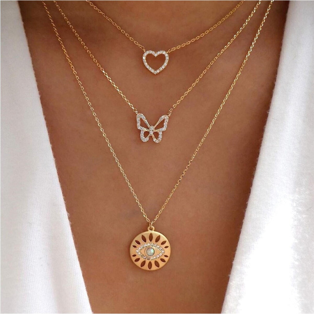 Goldtone Crystal Heart And Butterfly Layered Necklace - White