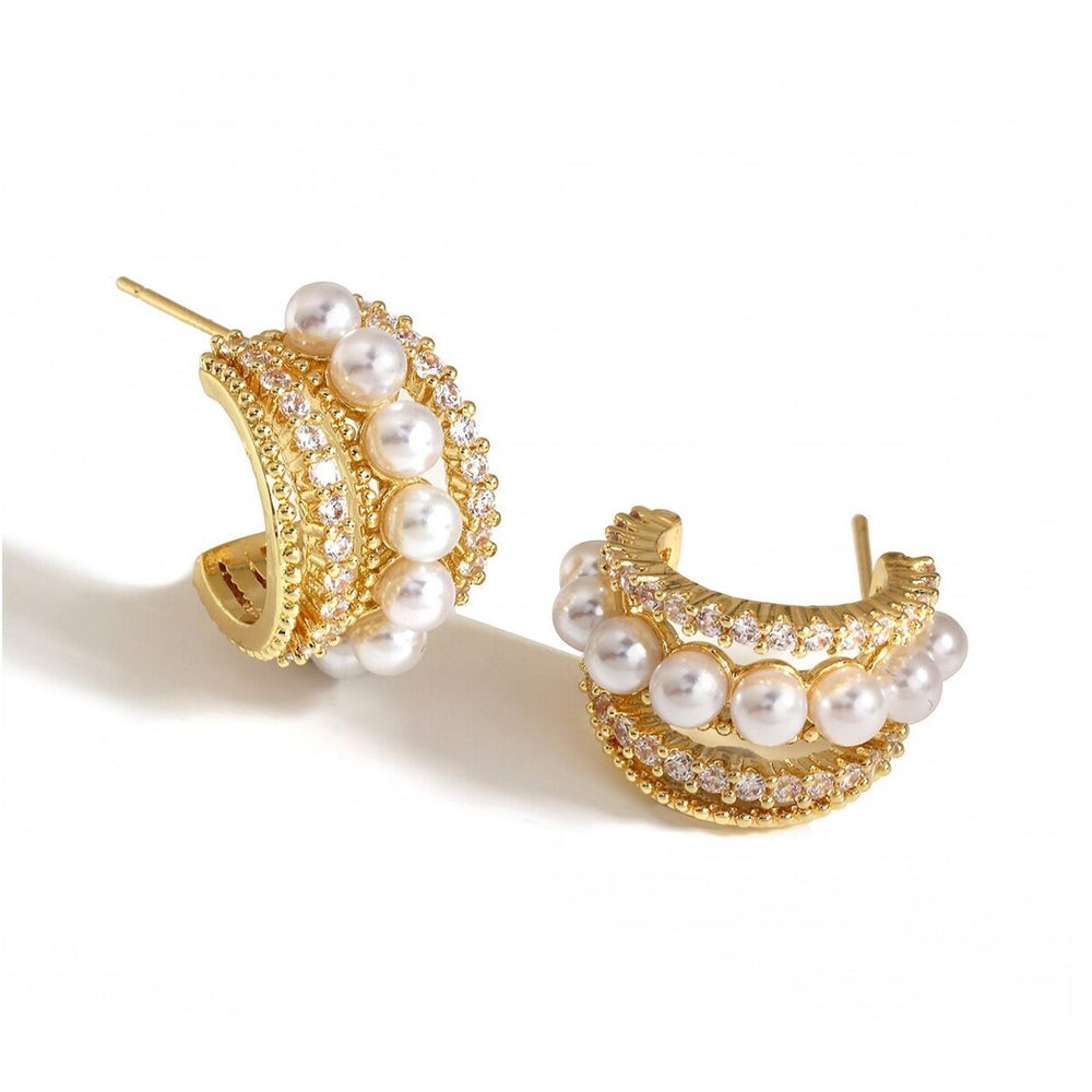 Goldtone Crystal Imitation Pearl Huggie Hoop Earrings