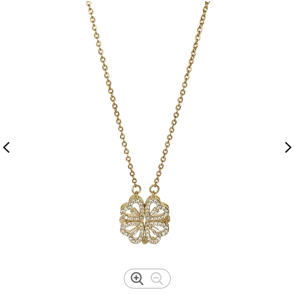 Goldtone Crystal Magnetic Hearts Clover Necklace - White