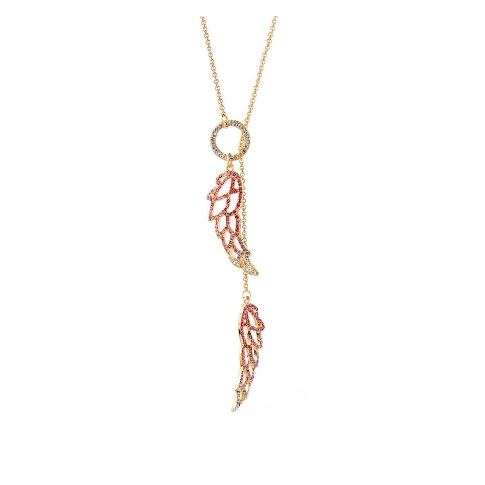 Goldtone Crystal Pink Wing Lariat Necklace - White